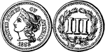 Three Cent (3 cent) United States coin from 1865. Obverse has a left-facing profile of Liberty and is inscribed - UNITED STATES OF AMERICA 1865. Reverse shows - III- surrounded in an olive branch wreath.