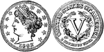 Five Cent (5 cent) United States coin from 1883. Obverse has a left-facing profile of Liberty wearing a coronet surrounded by 13 equally-spaced stars with 1883 inscribed beneath the profile. Reverse shows V in the center of a wreath of cotton and corn surrounded by the inscription - UNITED STATES OF AMERICA CENTS.