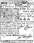Twenty Shillings Bill (20 shillings) Delaware currency from 1746. Type with engraved border and royal arms printed by Benjamin Franklin.
