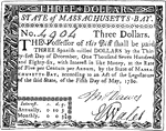 Three Dollar ($3) Massachusetts currency from 1780. No image on obverse. Reverse shows the inscription - GUARANTEED BY THE UNITED STATES.