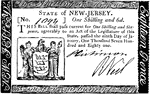One Shilling and Six Pence (1 shilling 6 pence) (18 pence) New Jersey currency from 1781. Image is the Coat of Arms of New Jersey.