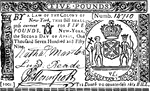 Five Pounds (5 pounds) New York currency from 1759. Image is the New York City Coat of Arms. Beneath the image is the inscription - 'TIS DEATH TO COUNTERFEIT THIS BILL.