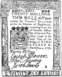 Twenty Shillings Bill (20 shillings) Pennsylvania currency from 1756. Image is the Coat of Arms of William Penn. Bill was printed by Benjamin Franklin.