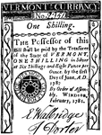 One Shilling (1 shilling) Vermont currency from 1781. Image of thirteen rings surrounded by the inscription - VERMONT CALLS FOR JUSTICE.