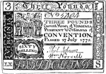 Three Pounds (3 pounds) Virginia currency from 1775. Copper-plate notes as illustrated, each value different.