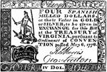 Four Dollars ($4) Virginia currency from 1776. Image is the new Coat of Arms for the State of Virginia.