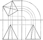 Plan, front, and side views of a square pyramid after revolving pyramid through 30&deg; with vertical plane.