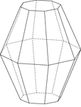 Illustration of a octagonal bifrustum created by three parallel planes of octagons with the middle plane largest. The top and bottom octagons are congruent. It can be constructed from two congruent frustums across a plane of symmetry, or as a bipyramid with truncated vertices.