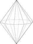 Illustration of a decagonal bipyramid with hidden edges shown. A bipyramid, or dipyramid, is formed by joining two congruent pyramids at their bases. The bases in this illustration are decagons.