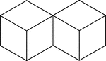 Illustration of two congruent cubes that are tangent along an edge. A 3-dimensional representation on a 2-dimensional surface.