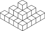 Illustration of 22 congruent cubes stacked in ones, twos, and threes. A 3-dimensional representation on a 2-dimensional surface that can be used for testing depth perception and identifying and counting cubes, edges, and faces.