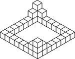Illustration of 36 congruent cubes stacked at various heights with outer edges forming a square. A 3-dimensional representation on a 2-dimensional surface that can be used for testing depth perception and identifying and counting cubes, edges, and faces.