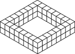 Illustration of 56 congruent cubes stacked in twos in the shape of a square. A 3-dimensional representation on a 2-dimensional surface that can be used for testing depth perception and identifying and counting cubes, edges, and faces.