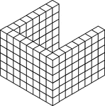 Illustration of 132 congruent cubes stacked in 22 columns of 6 in the shape of a U. A 3-dimensional representation on a 2-dimensional surface that can be used for testing depth perception and identifying and counting cubes, edges, and faces.