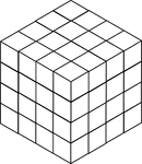 Illustration of 64 congruent cubes stacked so they form a cube that measures 4 by 4 by 4. A 3-dimensional representation on a 2-dimensional surface that can be used for testing depth perception and identifying and counting cubes, edges, and faces.