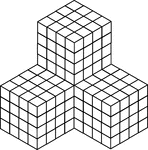 Illustration of 256 congruent cubes stacked so they form 4 larger cubes that measures 4 by 4 by 4 each. A 3-dimensional representation on a 2-dimensional surface that can be used for testing depth perception and identifying and counting cubes, edges, and faces.