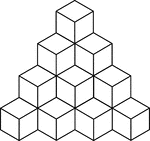 Illustration of 20 congruent cubes stacked at heights increasing from 1 to 4 cubes. A 3-dimensional representation on a 2-dimensional surface that can be used for testing depth perception and identifying and counting cubes, edges, and faces.