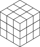 Illustration of 27 congruent cubes stacked to resemble a larger cube that measures three by three by three cubes. A 3-dimensional representation on a 2-dimensional surface that can be used for testing depth perception and identifying and counting cubes, edges, and faces.