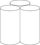 Illustration of 3 right congruent tangent circular cylinders.  The height of all the cylinders is greater than the diameter of the base.