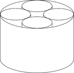 A large cylinder containing 4 smaller congruent cylinders. The small cylinders are externally tangent to each other and internally tangent to the larger cylinder.