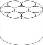 A large cylinder containing 7 smaller congruent cylinders. The small cylinders are externally tangent to each other and internally tangent to the larger cylinder.