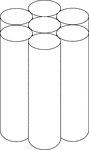 Illustration of 7 congruent cylinders with diameters less than the height. 6 of the cylinders are equally placed about the center cylinder. The cylinders are externally tangent to each other.