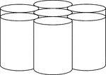 Illustration of 7 congruent cylinders with diameters less than the height. 6 of the cylinders are equally placed about the center cylinder. The cylinders are externally tangent to each other.