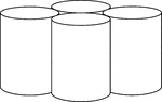 Illustration of 4 congruent cylinders with diameters less than the height. The cylinders are externally tangent to each other.