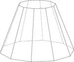 Illustration of a decagonal pyramid that has been cut by a plane parallel to the base. The top section has been removed and the remaining section is known as the frustum of the pyramid. The hidden edges are shown in this illustration.