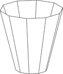 Illustration of a hollow decagonal pyramid that has been cut by a plane parallel to the base. The top section has been removed and the remaining section has been turned upside down. It is known as the frustum of the pyramid.