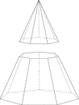 Illustration of a right septagonal/heptagonal pyramid, with hidden edges shown, that has been cut by a plane parallel to the base. The lower part is known as the frustum.