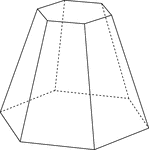 Illustration of a right hexagonal pyramid that has been cut by a plane parallel to the base. The top section has been removed and the remaining section is known as the frustum of the pyramid. The hidden edges are shown in this illustration.