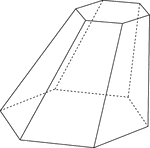 Illustration of a skewed hexagonal pyramid that has been cut by a plane parallel to the base. The top section has been removed and the remaining section is known as the frustum of the pyramid. The hidden edges are shown in this illustration.