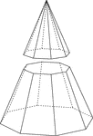 Illustration of a right octagonal pyramid, with hidden edges shown, that has been cut by a plane parallel to the base. The lower part is known as the frustum.