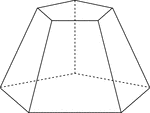 Illustration of a right pentagonal pyramid that has been cut by a plane parallel to the base. The top section has been removed and the remaining section is known as the frustum of the pyramid. The hidden edges are shown in this illustration.