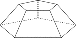 Illustration of a right pentagonal pyramid, with a height smaller than the edge lengths of the base, that has been cut by a plane parallel to the base. The top section has been removed and the remaining section is known as the frustum of the pyramid. The hidden edges are shown in this illustration.