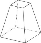 Illustration of a right rectangular pyramid that has been cut by a plane parallel to the base. The top section has been removed and the remaining section is known as the frustum of the pyramid. The hidden edges are shown in this illustration.