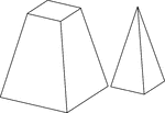 Illustration of a right rectangular pyramid that has been cut by a plane parallel to the base. The top section has been removed and placed next to the lower section. The lower part is known as the frustum.