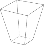 Illustration of a right hollow rectangular pyramid that has been cut by a plane parallel to the base. The top section has been removed and the remaining section has been turned upside down. It is known as the frustum of the pyramid. Hidden edges are shown in this drawing.