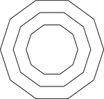 Illustration of 3 regular concentric decagons that are equally spaced.