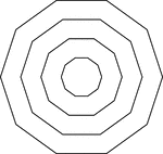 Illustration of 4 regular concentric evenly spaced decagons.
