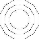 Illustration of 3 regular concentric dodecagons that are equally spaced.