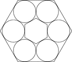 Illustration of 2 regular concentric hexagons with 6 congruent circles placed between the hexagons so that they are tangent to each other and both the inner and outer hexagons.