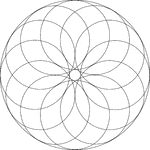 Circular rosette with 12 petals in a circle. It is made by rotating circles about a fixed point. The radii of the smaller circles are less than the distance between the point of rotation and the center of the circle. Thus, there is a hole in the center.
