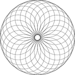 Circular rosette with 24 petals in a circle. It is made by rotating circles about a fixed point. The radii of the smaller circles are less than the distance between the point of rotation and the center of the circle. Thus, there is a hole in the center.