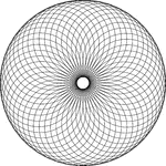Circular rosette with 48 petals in a circle. It is made by rotating circles about a fixed point. The radii of the smaller circles are less than the distance between the point of rotation and the center of the circle. Thus, there is a hole in the center.