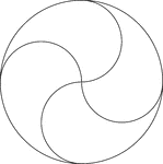 Circular design made by rotating circles about a fixed point. The radii of the smaller circles is equal to the distance between the point of rotation and the center of the circle. The circles meet in the center of the larger circle. The design is achieved by removing consecutive halves of the circles (semi-circles).