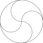 Circular design made by rotating circles about a fixed point. The radii of the smaller circles is equal to the distance between the point of rotation and the center of the circle. The circles meet in the center of the larger circle. The design is achieved by removing consecutive halves of the circles (semi-circles).