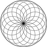 Circular rosette with 16 petals in a circle. It is made by rotating circles about a fixed point. The radii of the smaller circles is equal to the distance between the point of rotation and the center of the circle. Thus, the circles meet in the center of the larger circle.