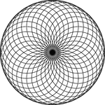 Circular rosette with 32 petals in a circle. It is made by rotating circles about a fixed point. The radii of the smaller circles is equal to the distance between the point of rotation and the center of the circle. Thus, the circles meet in the center of the larger circle.